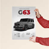 Mercedes Benz G63 poster by Dripster featuring detailed specs and illustration of a black G63 SUV